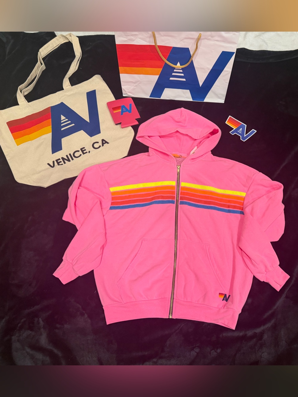 - - NWT AVIATOR NATION Relaxed UNISEX 5 STRIPE HOODIE XS  Neon Pink + Tote bag